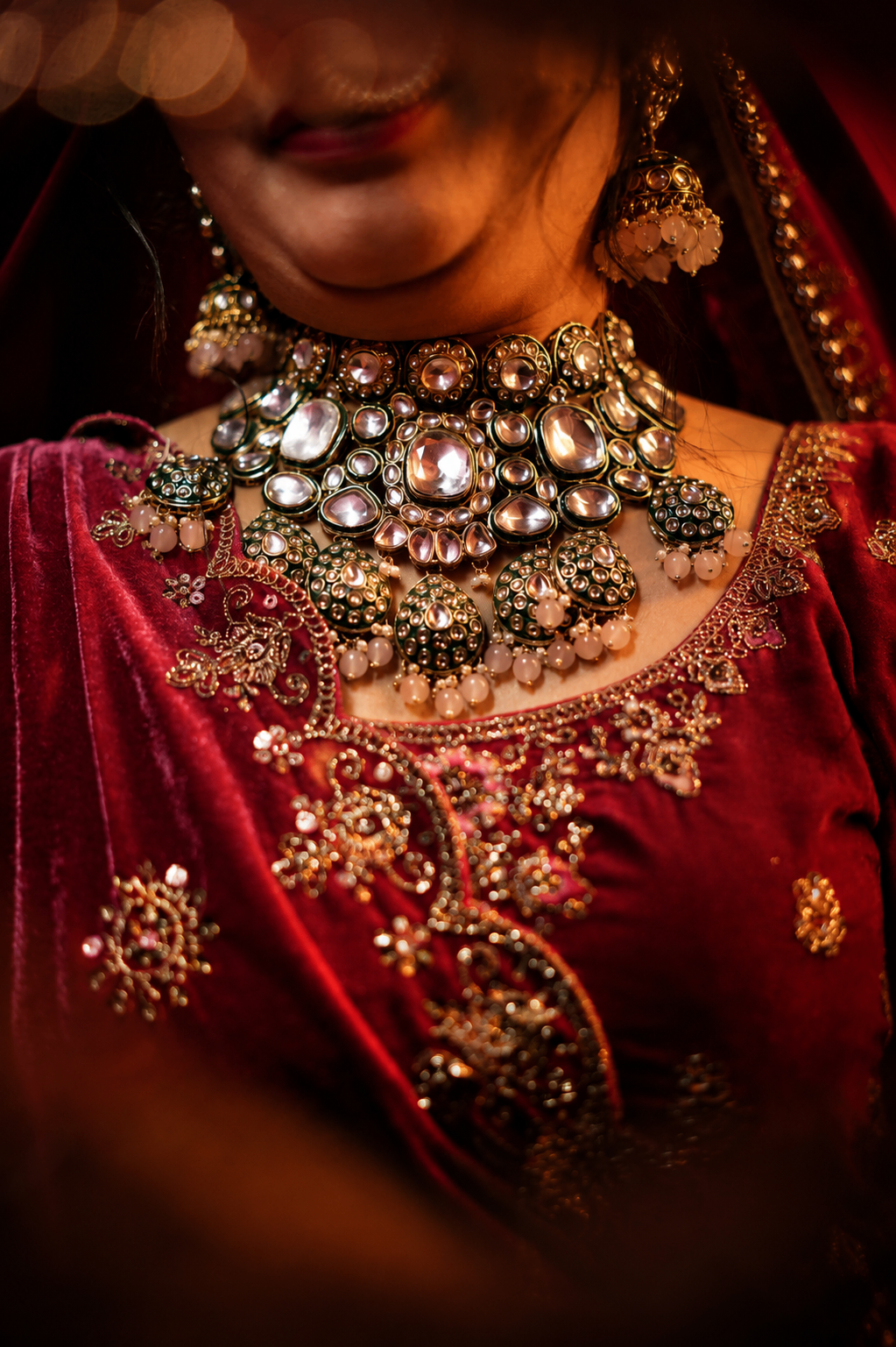 Detail of Sakshi's emerald-and-kundan choker against a deep maroon velvet lehenga