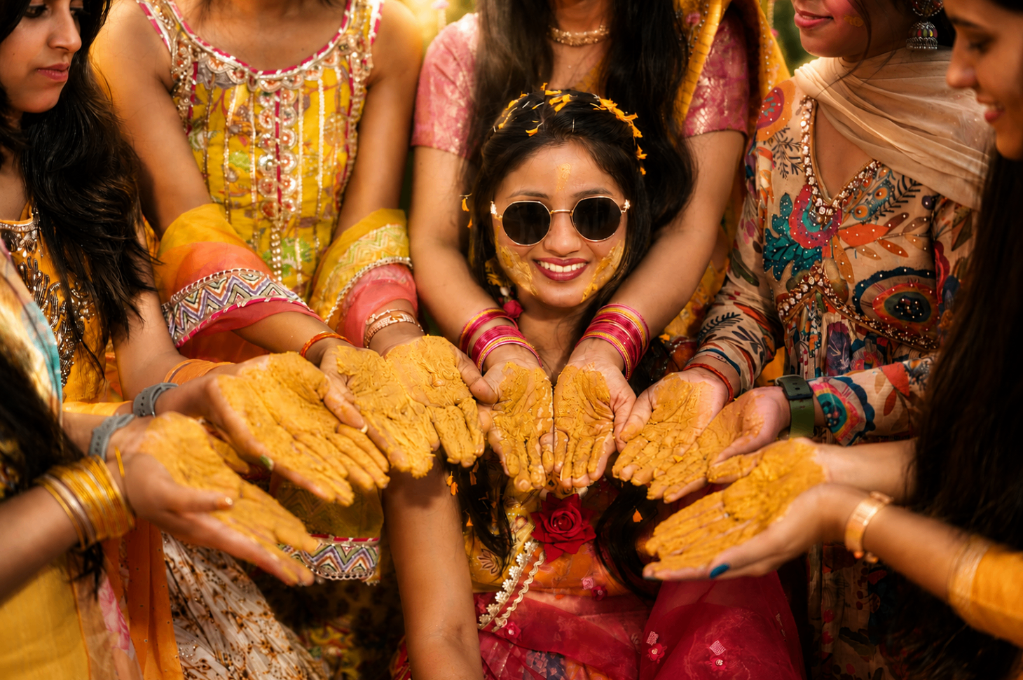 Haldi joy — Vaishnavi laughing behind gold-rimmed sunglasses as turmeric-covered hands frame her