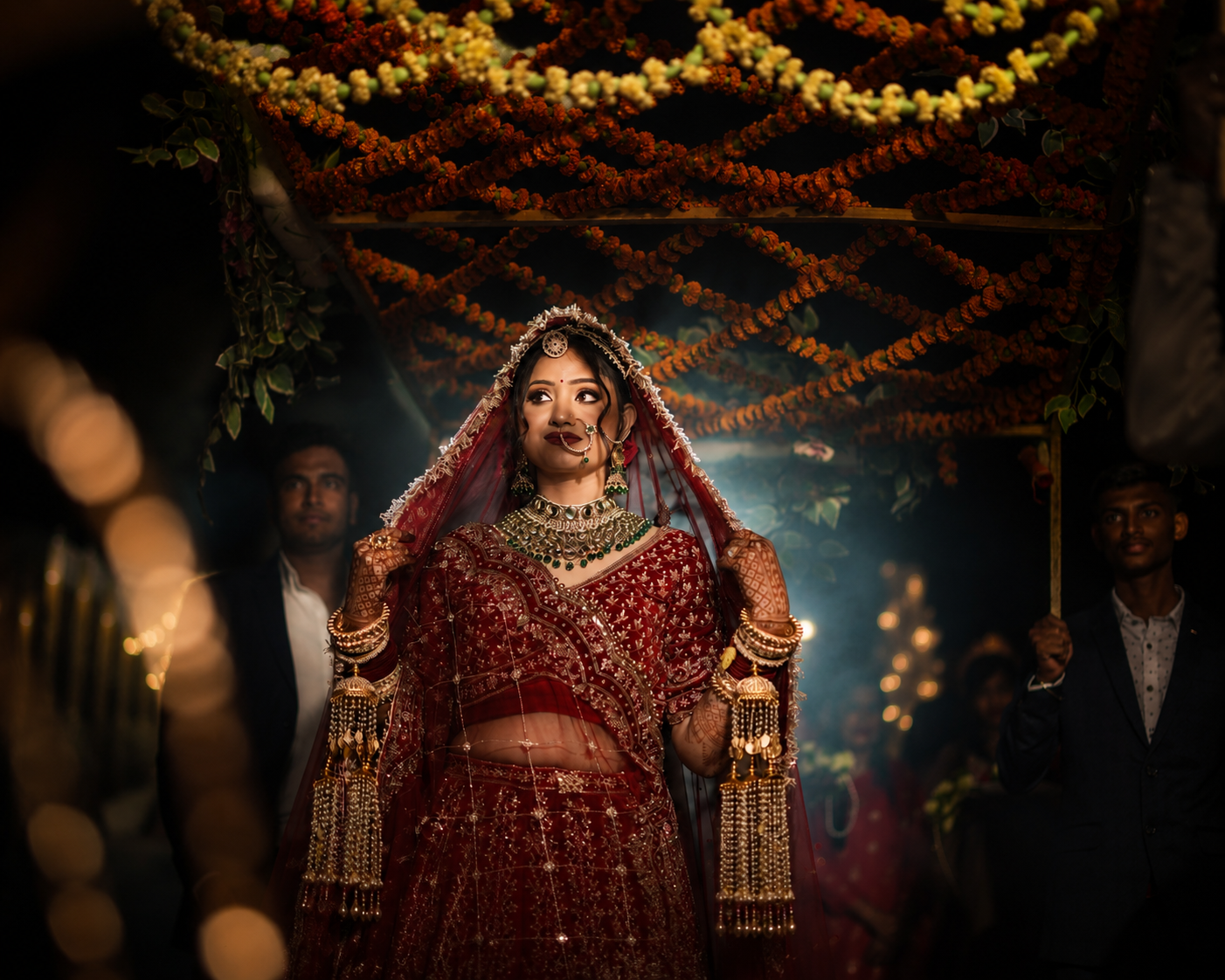 Bride beneath a marigold mandap, veil catching backlight