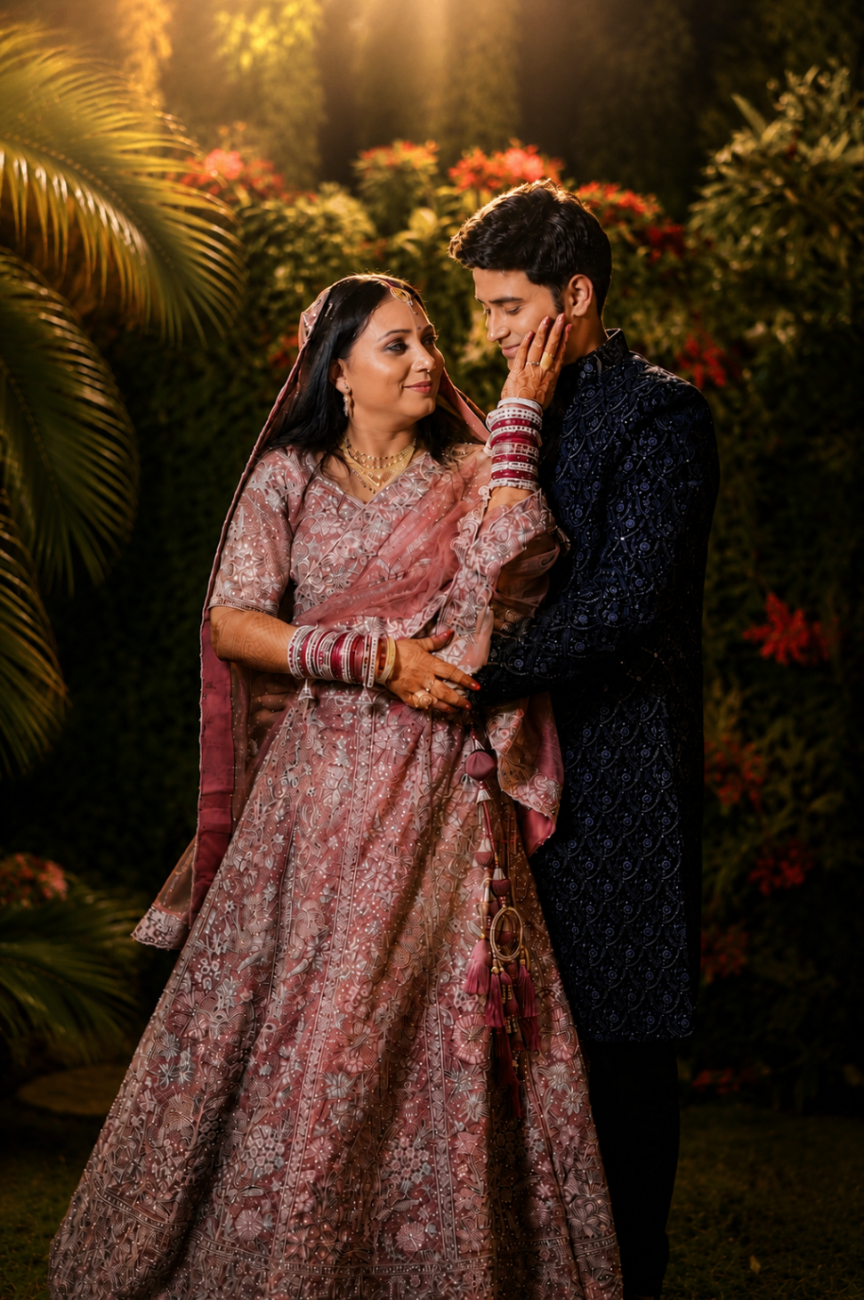 Sakshi cradling Shubham's face in a golden-lit family embrace beside floral garlands