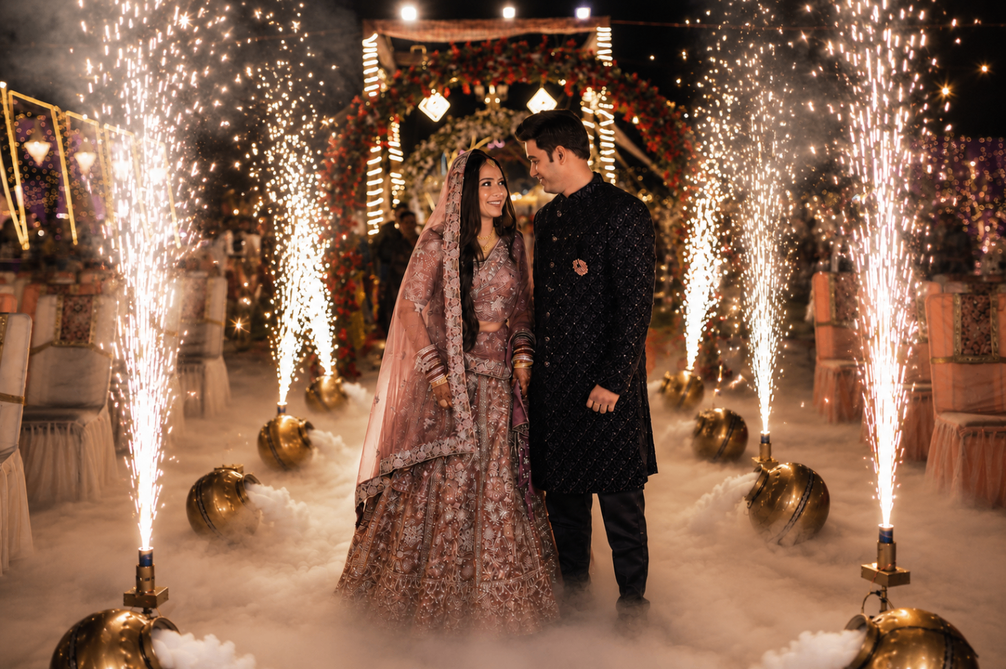 Sakshi & Shubham — Sakshi and Shubham walking through a corridor of cold-fire fireworks at their Lucknow wedding entrance