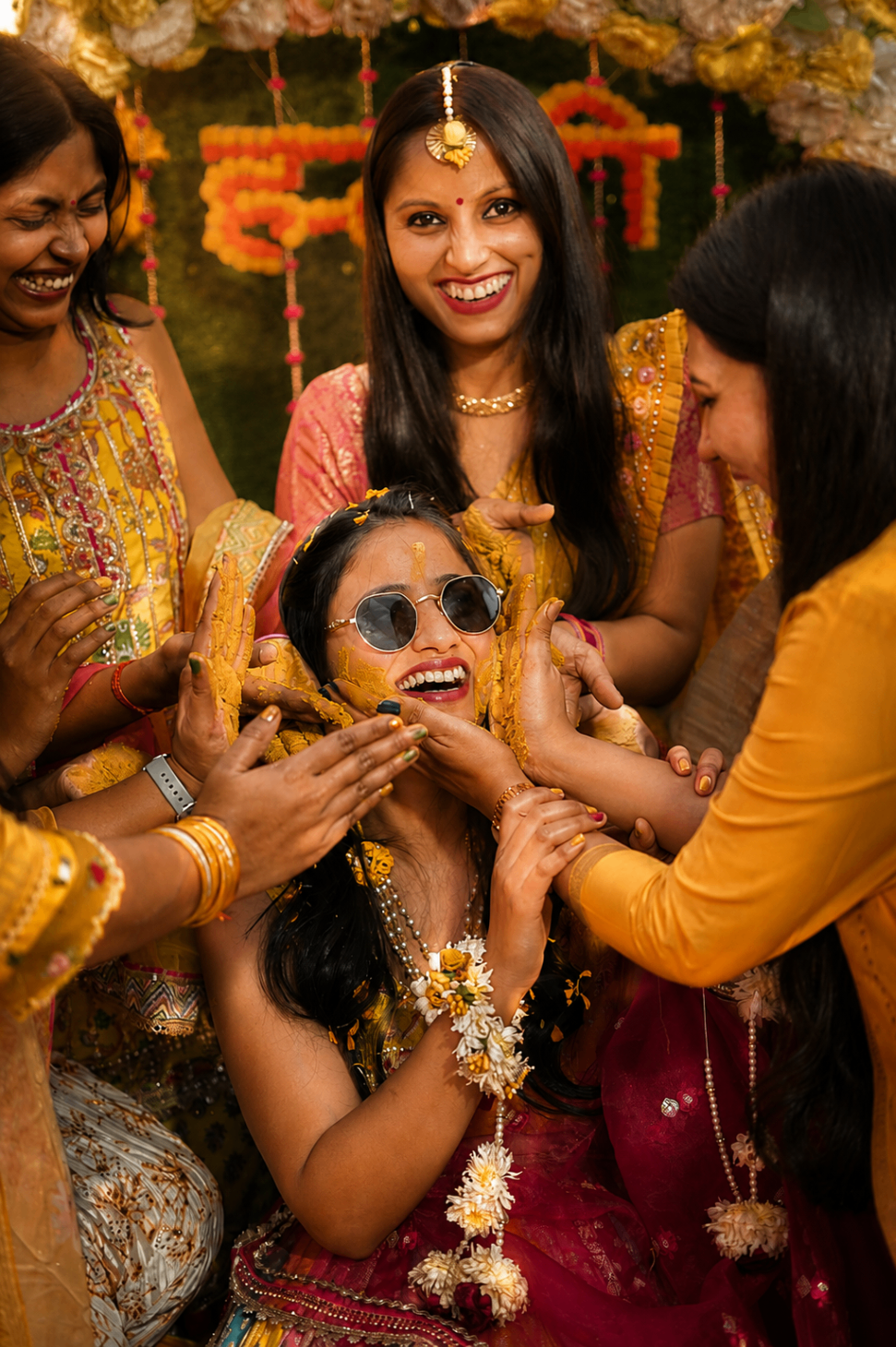 Haldi ceremony — laughter, sunglasses, turmeric-covered hands reaching in from every side