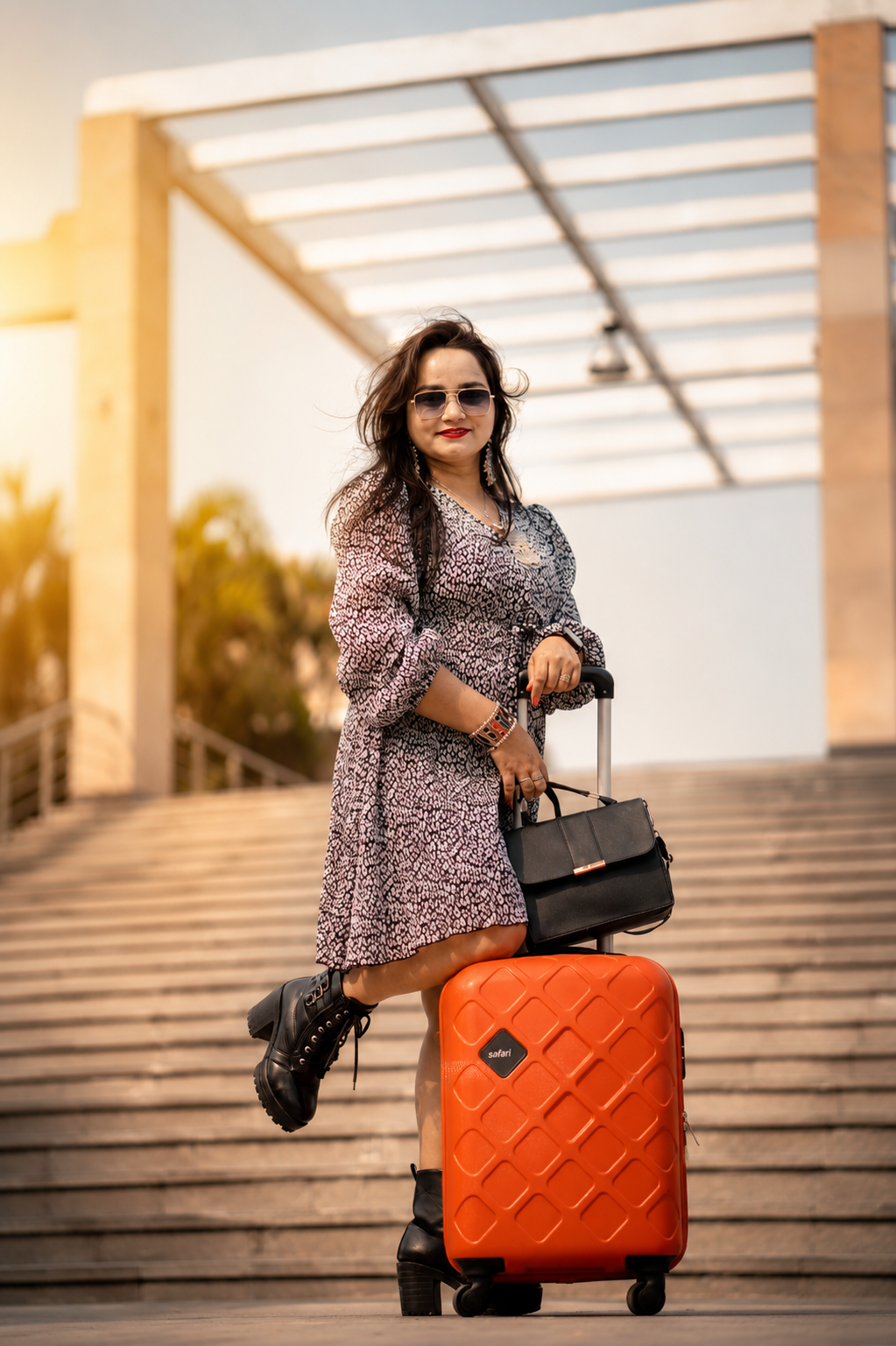 Sarita on a wide staircase with an orange suitcase in the morning light