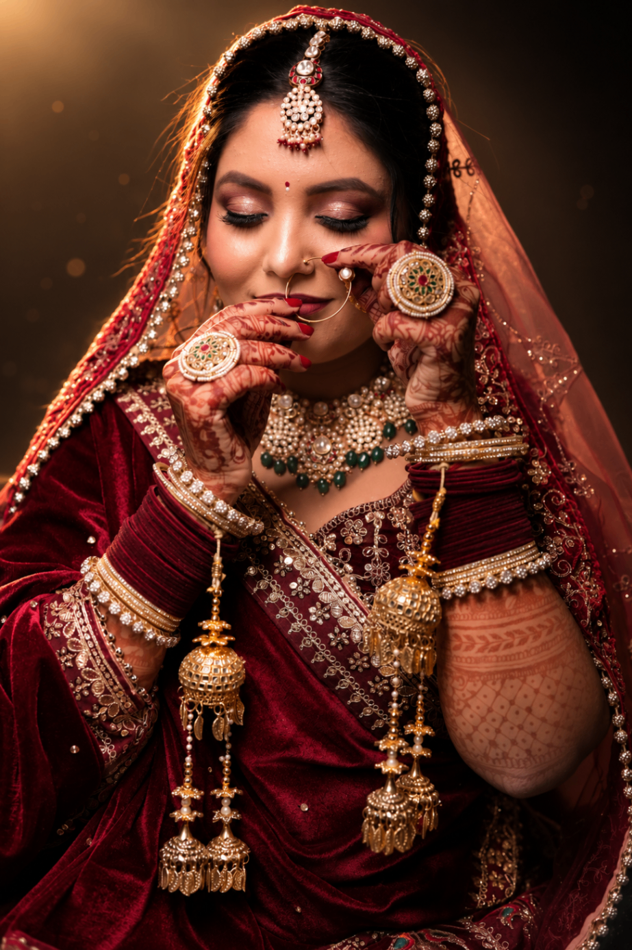 Detail — Renu's mehendi-covered hands lifting the nath, gold kaleere resting on maroon velvet